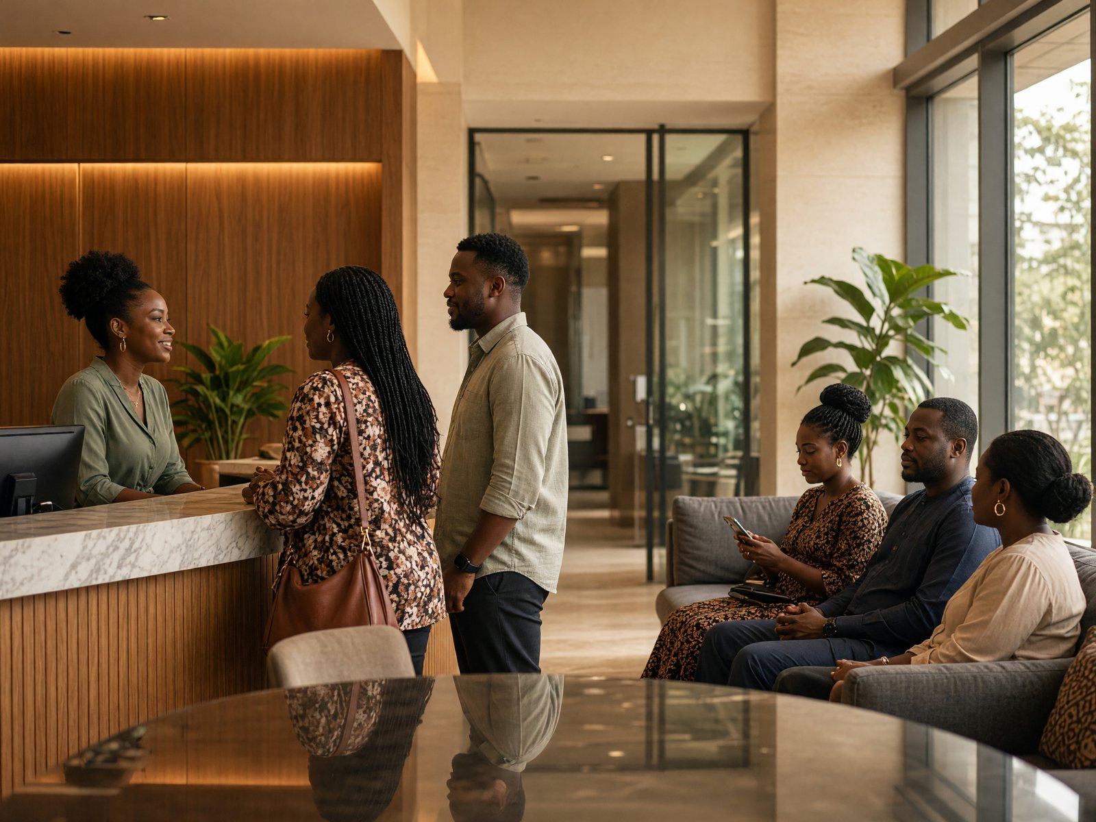 A busy clinic reception with patients arriving